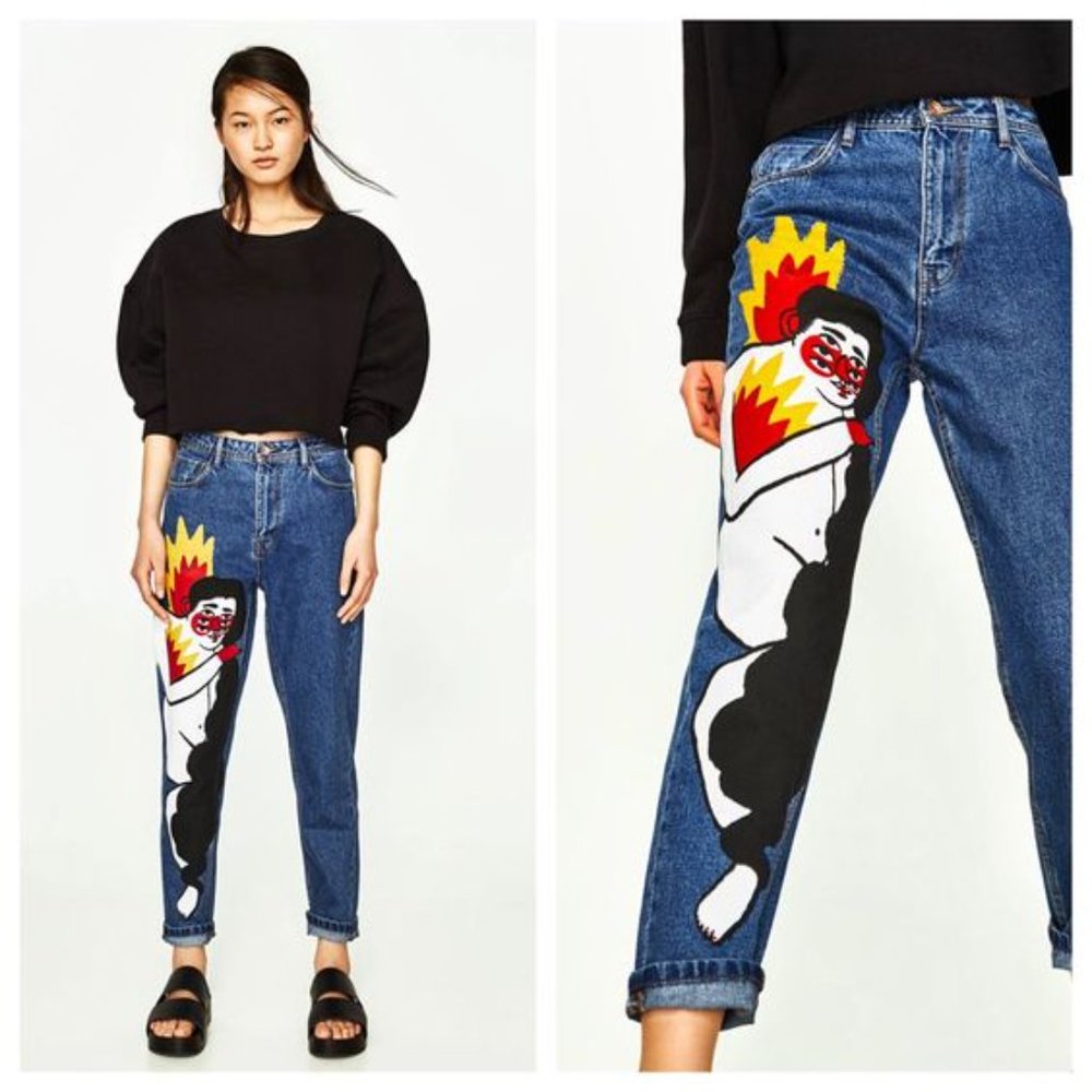 Zara x Ricardo Cavolo Handpainted Mom Jeans Dark Wash Size US 2